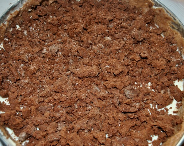 Распределяем посыпку для шоколадного творожника поверх теста и начинки